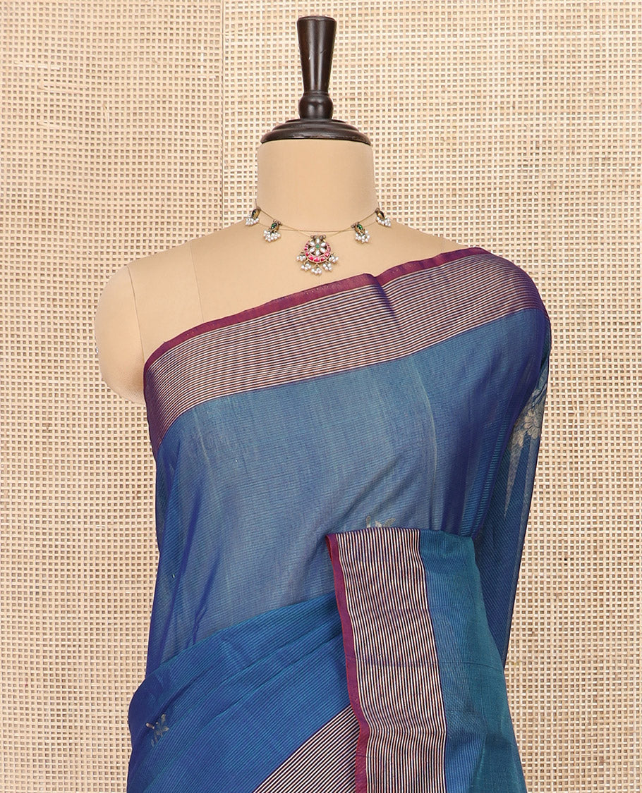 Blue Silk Cotton Saree Woven with Floral Buttas All Over the Body, Complemented by a Contrast Zari Striped Border, Featuring a Pallu of Jaal Designs, and Paired with a Contrast Blouse