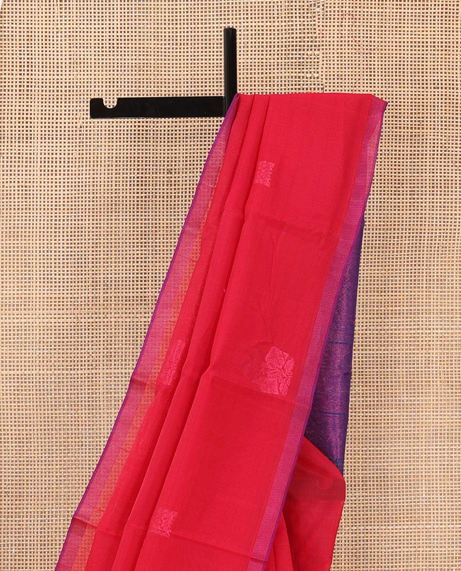Borderless rose copper zari buttas silk cotton saree, piping zari border, and contrast pallu of intricate designs
