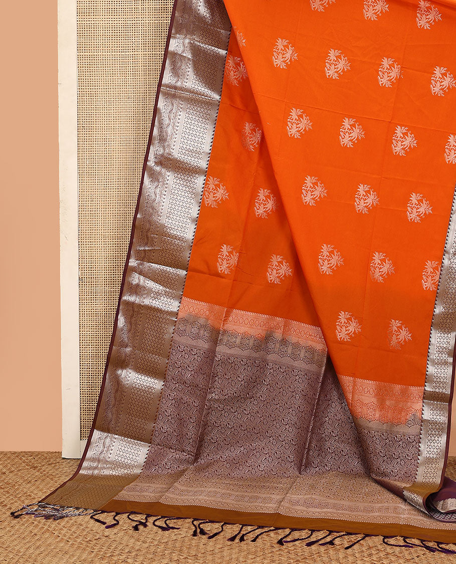 Orange tree buttas soft silk saree, contrast traditional zari design border, and floral design pallu