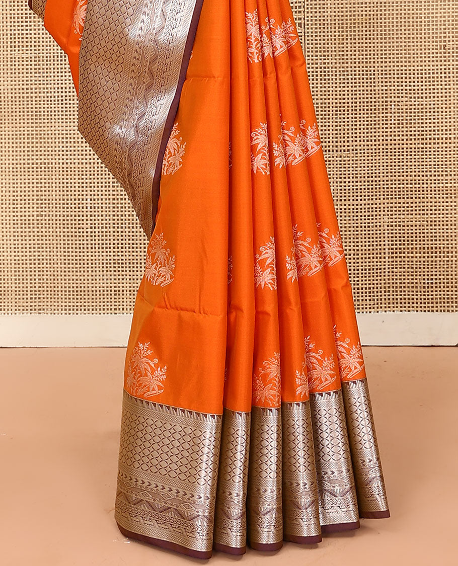 Orange tree buttas soft silk saree, contrast traditional zari design border, and floral design pallu
