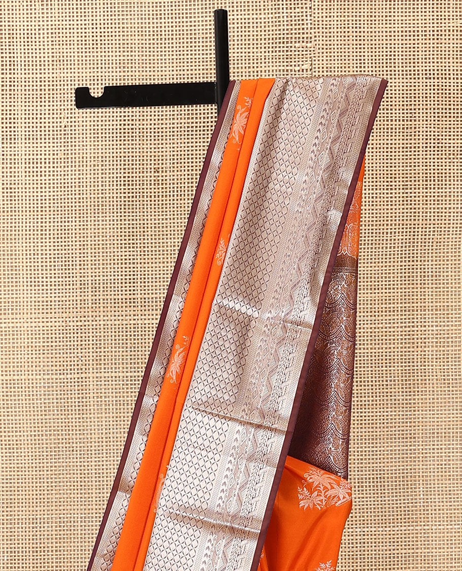 Orange tree buttas soft silk saree, contrast traditional zari design border, and floral design pallu