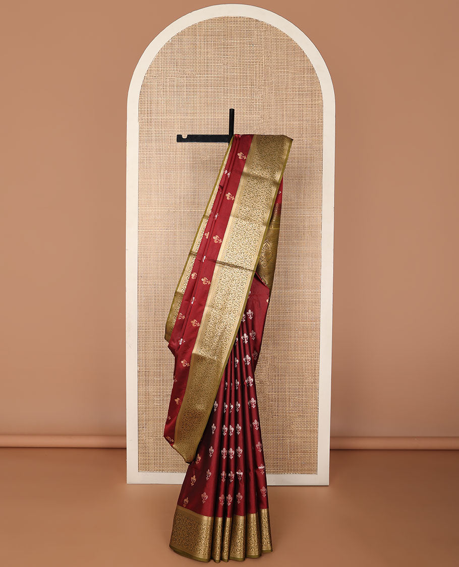 Maroon motifs soft silk saree with contrast jacquard norder & floral design pallu
