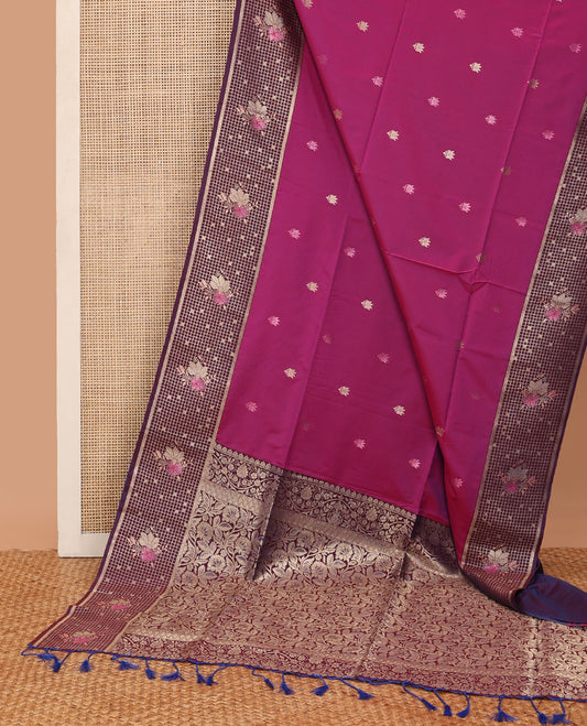 Pink semi-soft silk saree with zari buttas, contrast zari checked & floral design border, & pallu of floral designs