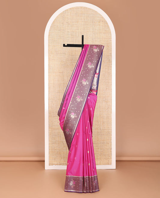 Pink semi-soft silk saree with zari buttas, contrast zari checked & floral design border, & pallu of floral designs