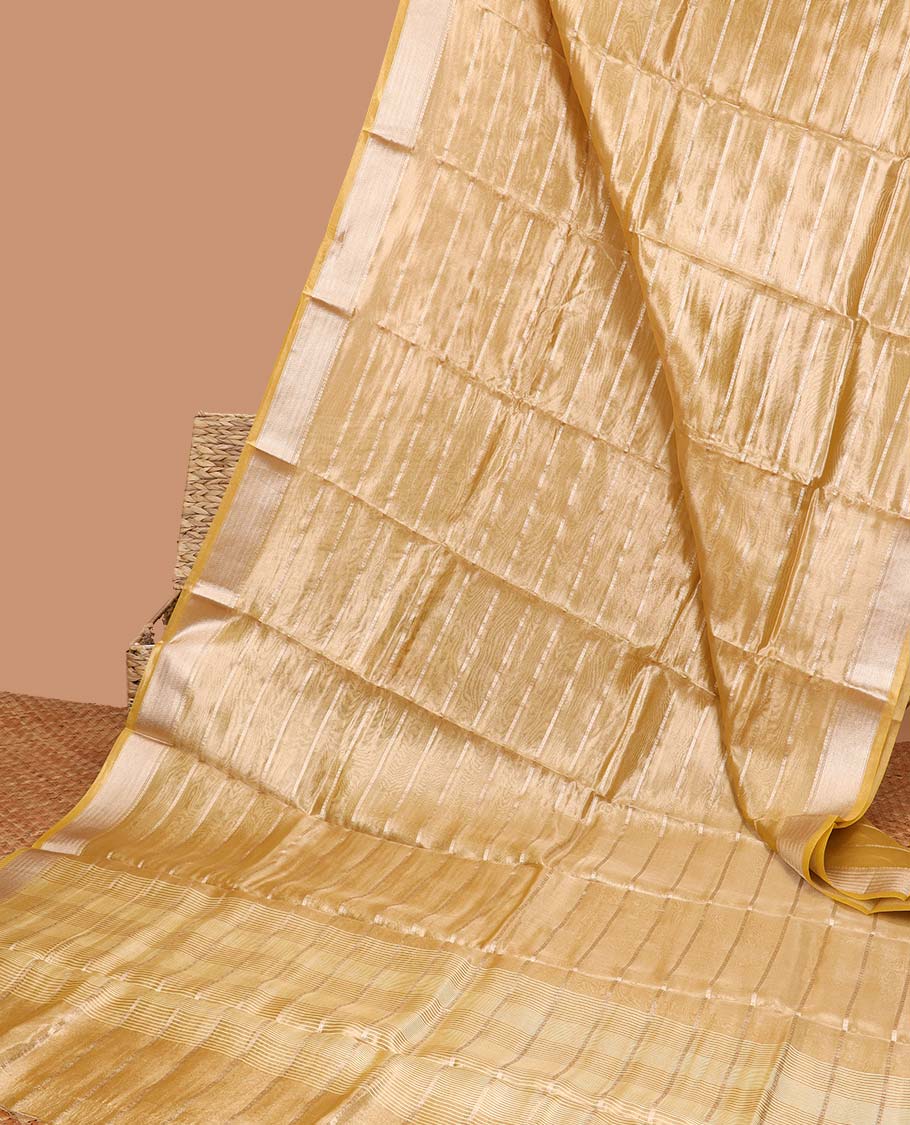 Yellow striped semi-banaras tissue saree, plain border & striped pallu 