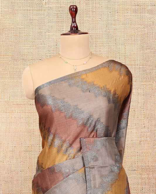 Borderless Multi-Color Tussar Silk Saree, Gleamed Up with Rankat-Style Diagonal Zari Stripes, Sparsely Woven Pallu, and a Matching Blouse