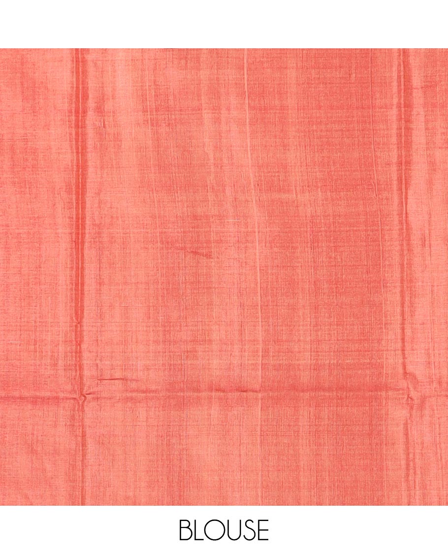 Orange striped tussar silk saree, plain border and zari woven  pallu