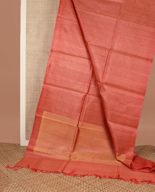 Orange striped tussar silk saree, plain border and zari woven  pallu