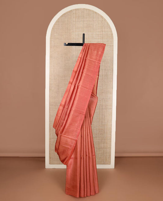 Orange striped tussar silk saree, plain border and zari woven  pallu