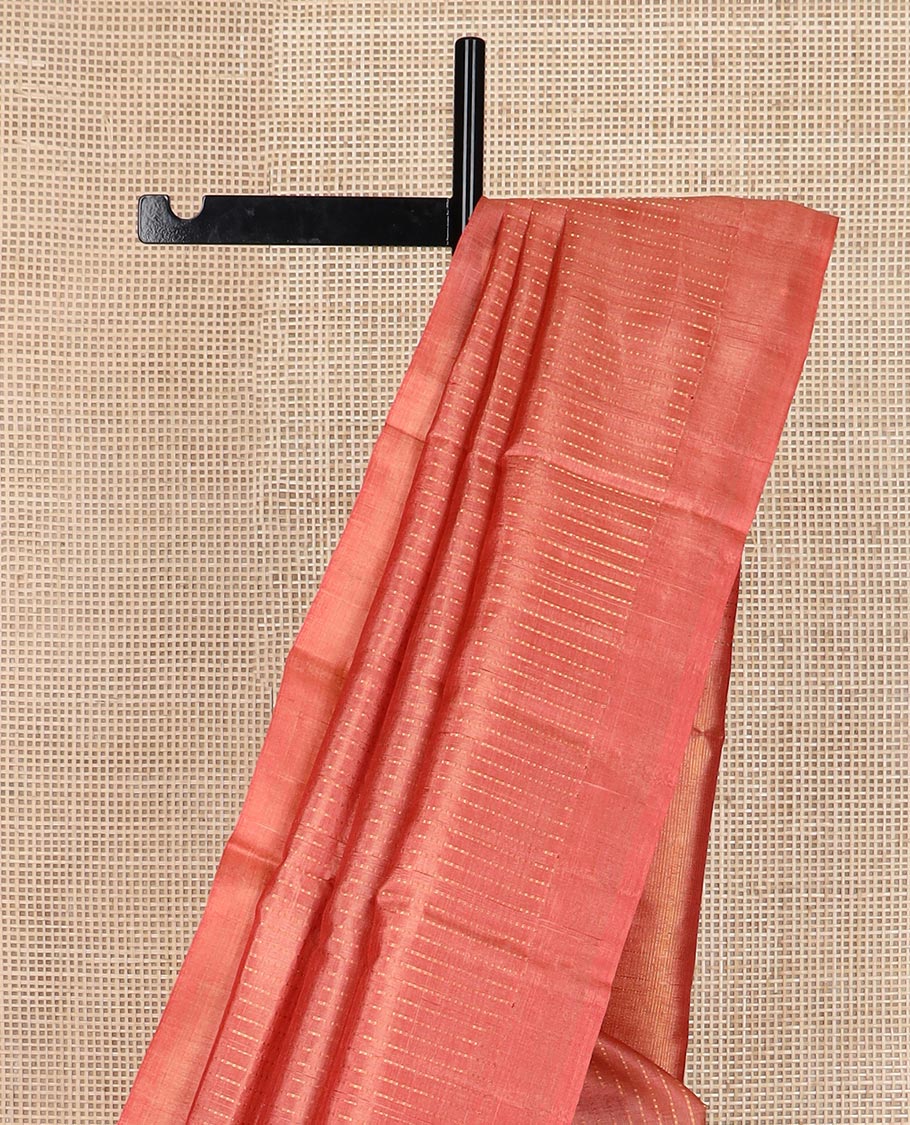 Orange striped tussar silk saree, plain border and zari woven  pallu
