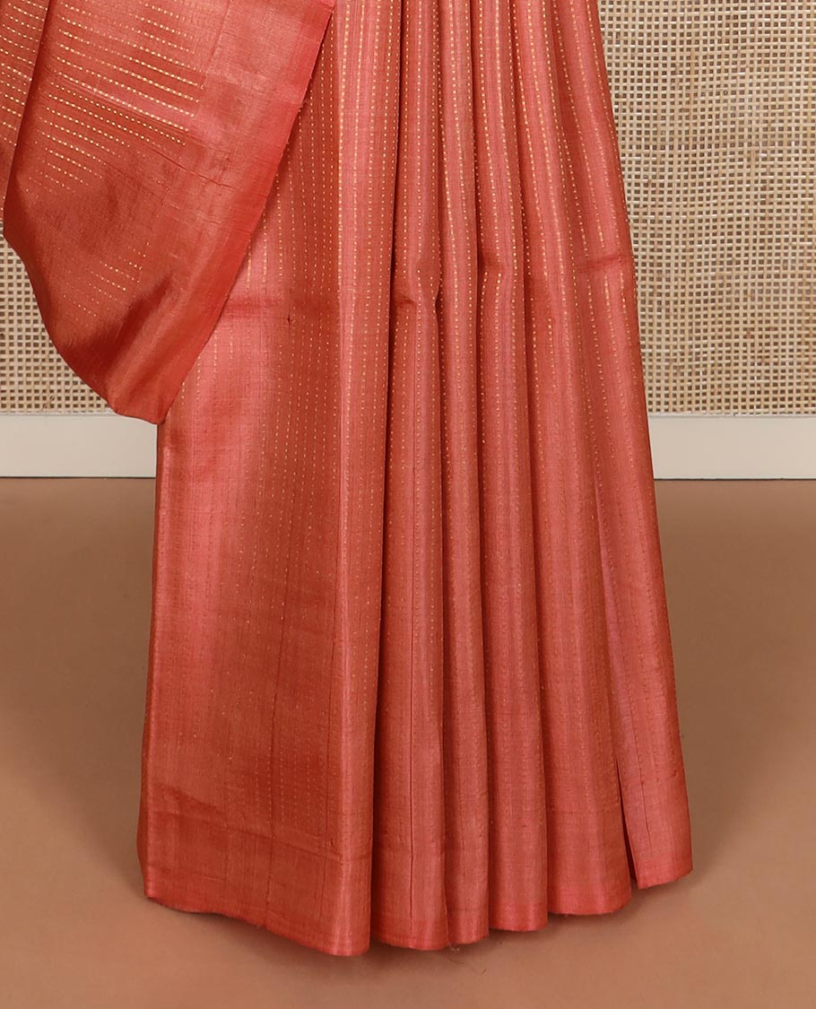 Orange striped tussar silk saree, plain border and zari woven  pallu