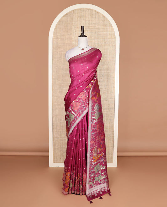 Maroon buttas, and dancing figurines, meenakari design Matka silk saree, traditional design border