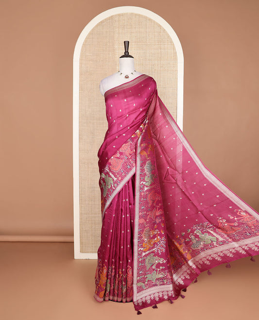 Maroon buttas, and dancing figurines, meenakari design Matka silk saree, traditional design border