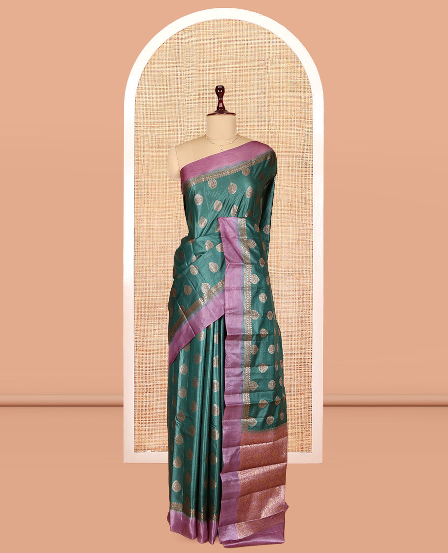 Green Tusser Silk Saree, Embellished with Zari Buttas, a Contrast Zari Border, Floral Design Pallu, and a Contrast Blouse