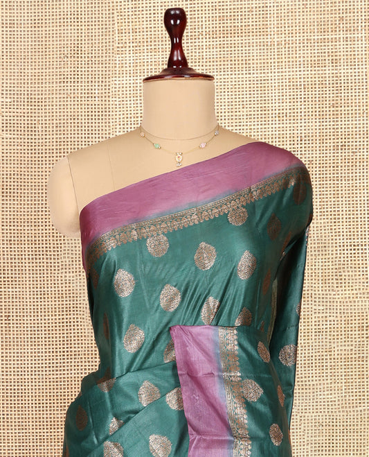Green Tusser Silk Saree, Embellished with Zari Buttas, a Contrast Zari Border, Floral Design Pallu, and a Contrast Blouse