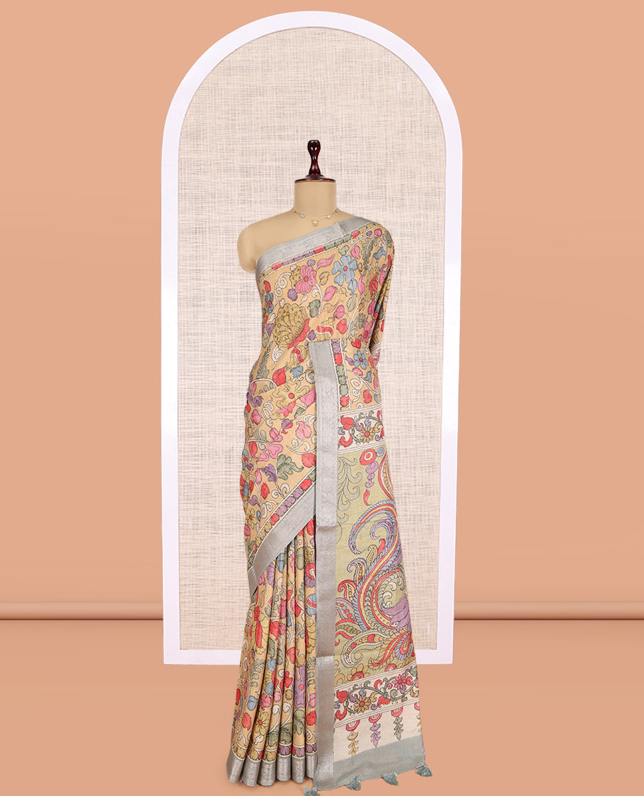 Light Sandal Kalamkari Printed Fancy Tussar Saree