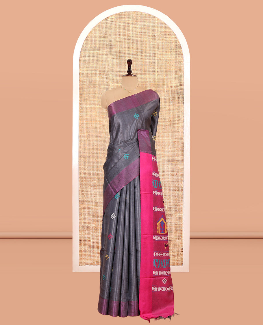 Grey Tussar Saree, Enthralled with Pasapalli Buttas, a Contrast Plain Border, Intricately Woven Pallu, and a Contrast Blouse