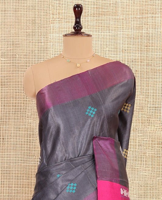 Grey Tussar Saree, Enthralled with Pasapalli Buttas, a Contrast Plain Border, Intricately Woven Pallu, and a Contrast Blouse