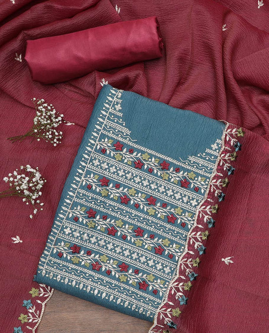 Blue material chudidar set, neck embroidered top, contrast plain bottom and crushed dupatta of thread floral embroidery