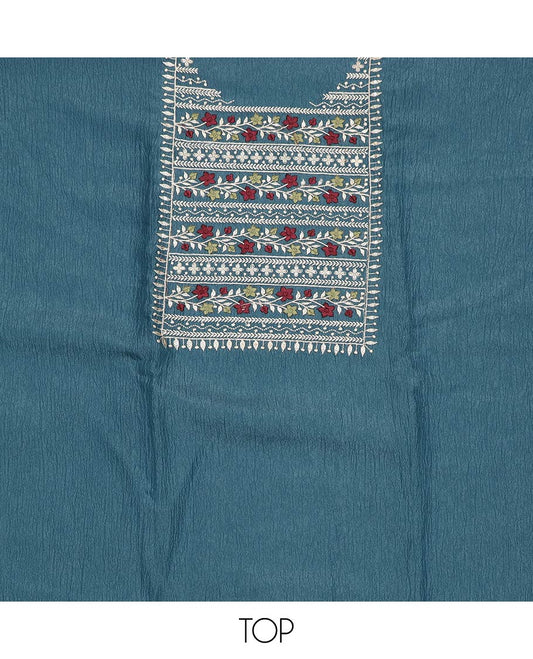 Blue material chudidar set, neck embroidered top, contrast plain bottom and crushed dupatta of thread floral embroidery