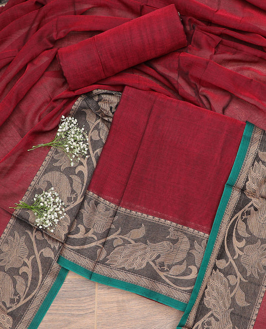 Maroon floral, peacock design chudidhar material top with plain bottom & plain, zari design border dupatta