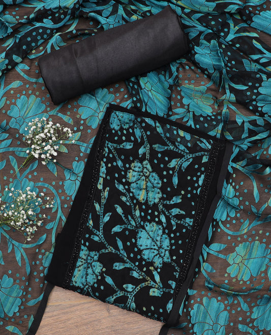Black material chudidar set, blue floral vine print with black micro stone neck work top, plain bottom and floral vine printed dupatta