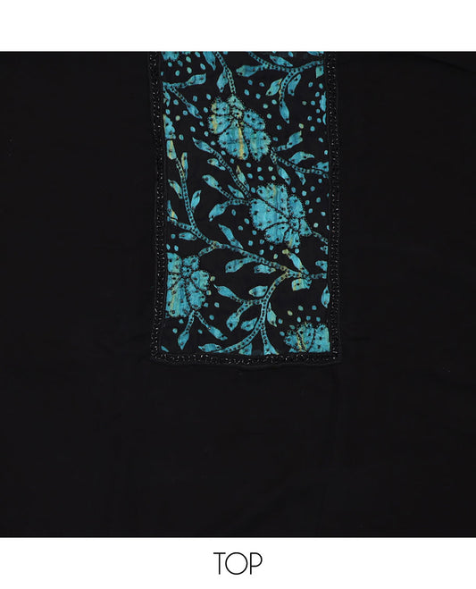 Black material chudidar set, blue floral vine print with black micro stone neck work top, plain bottom and floral vine printed dupatta