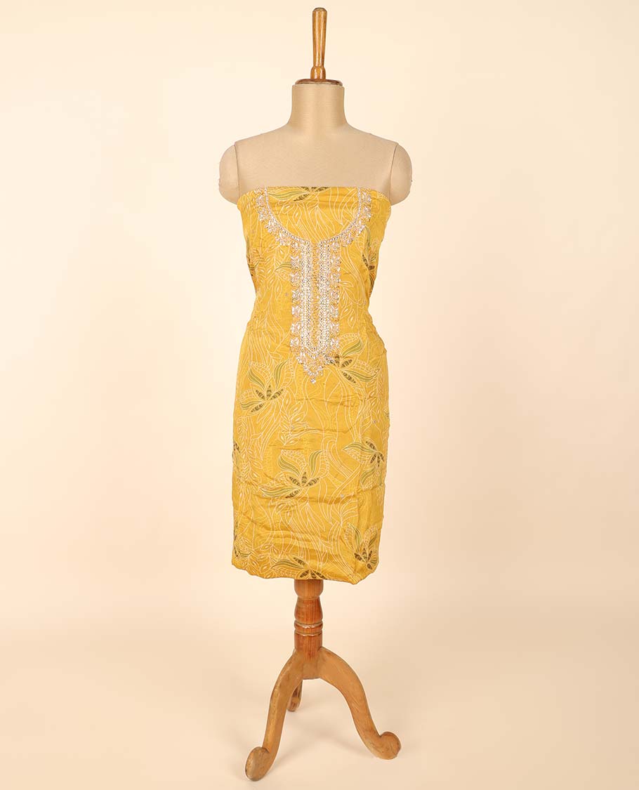 Yellow material chudidhar set, floral print & embroidered top, plain bottom & embroidered top