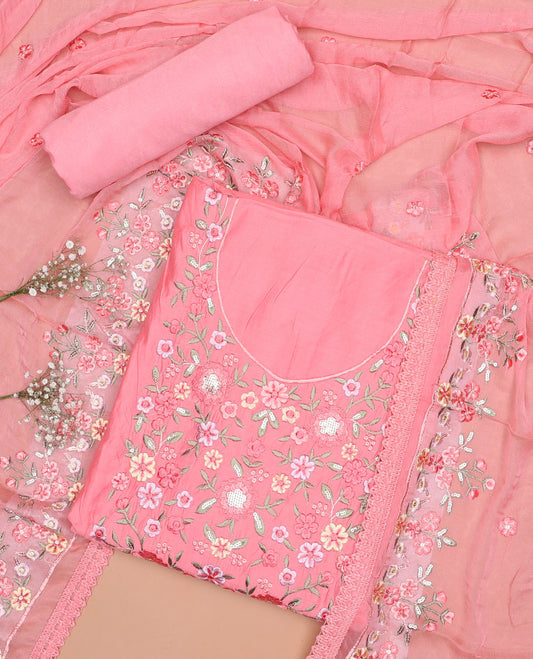 Pink chududhar material set, floral embodered top, plain & floral embroidery with lace border dupatta