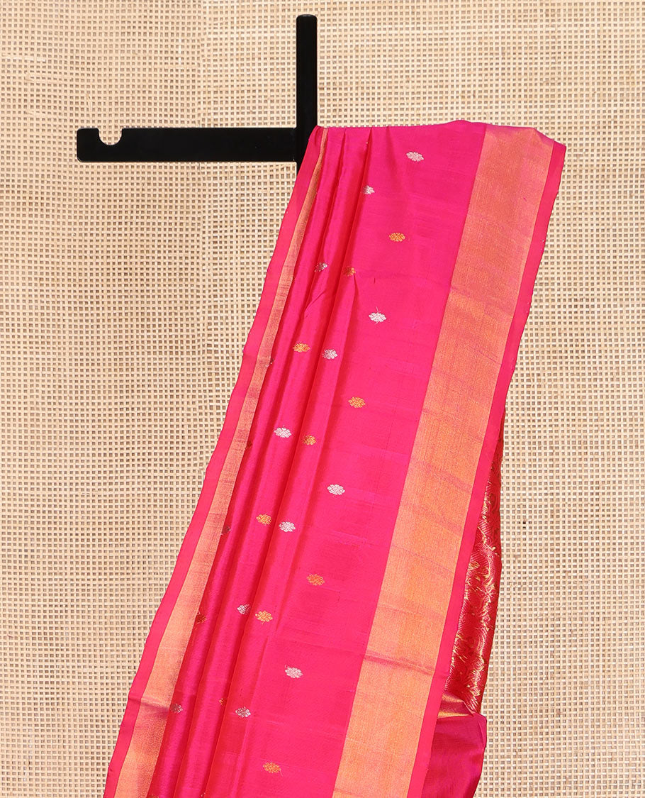 Pink Uppada Silk Saree, Detailed with Zari Buttas All Over Its Body, Highlighted by a Zari Bavanji Border, Pallu Steeped with Peacock Designs, and Paired with a Matching Blouse