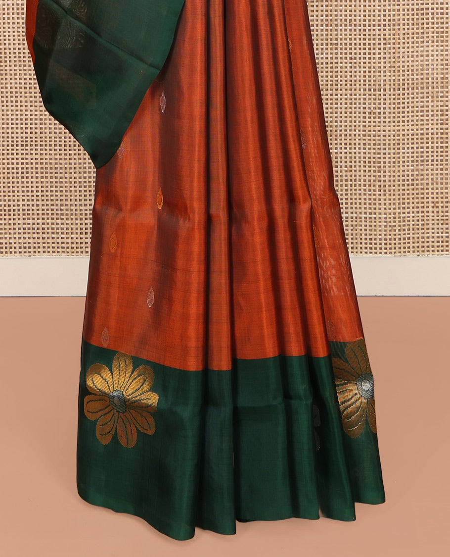 Orange Uppada Silk Saree, Woven with Zari Buttas on Its Body, Complemented by a Contrast Border of Eight-Petal Flower Motifs, Pallu of Paisley and Diamond Designs, and Paired with a Contrast Blouse