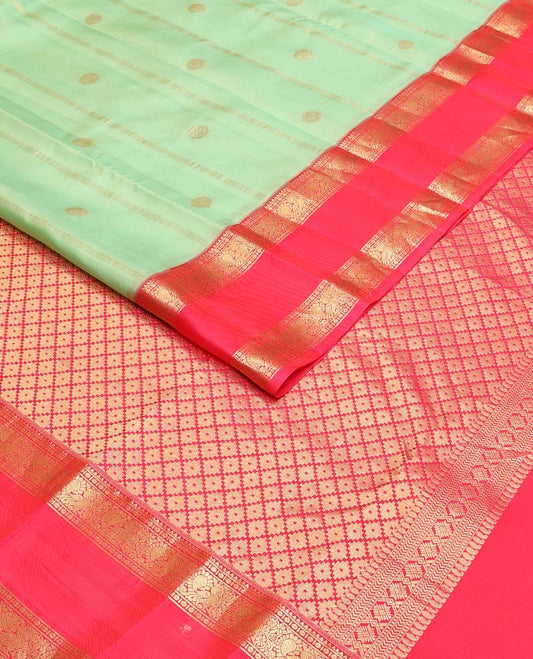 Pista green zari design Vasundhara silk mix saree, contrast rettai pettu border of rekku, poun & mayil & jaal pallu
