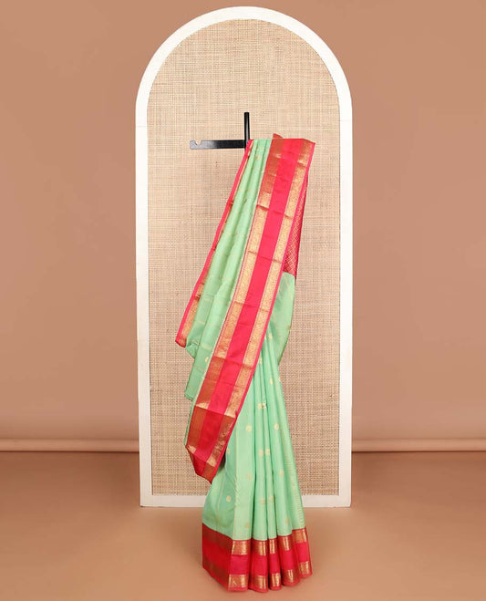 Pista green zari design Vasundhara silk mix saree, contrast rettai pettu border of rekku, poun & mayil & jaal pallu