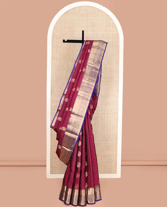 Wine Vasundhara Lite Silk Mix Saree, Prettified with Zari Buttas, Complemented by a Contrast Border of Kodi Visiry Designs, Pallu Gleamed Up with Jaal Designs, and Paired with a Contrast Blouse