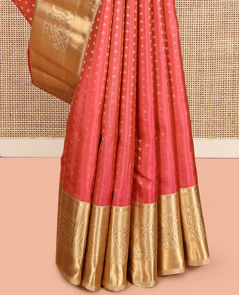 Pink Vasundhara Lite Silk Mix Saree, Decorated with Zari Buttas, Complemented by a Contrast Border of Thilakam Mokku, and Paisley Designs, Intricate Pallu, and a Contrast Blouse