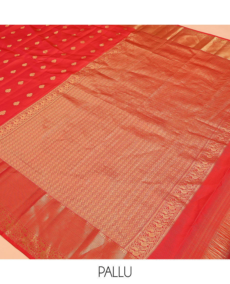 Red Vasundhara Lite Silk Mix Saree, Subtly Sparkled with Zari Buttas and Stripes on Its Body, Highlighted by Zari Border of Rekku, Muthu, and Mayil Designs, Grand Jaal Pallu, and Paired with a Matching Blouse