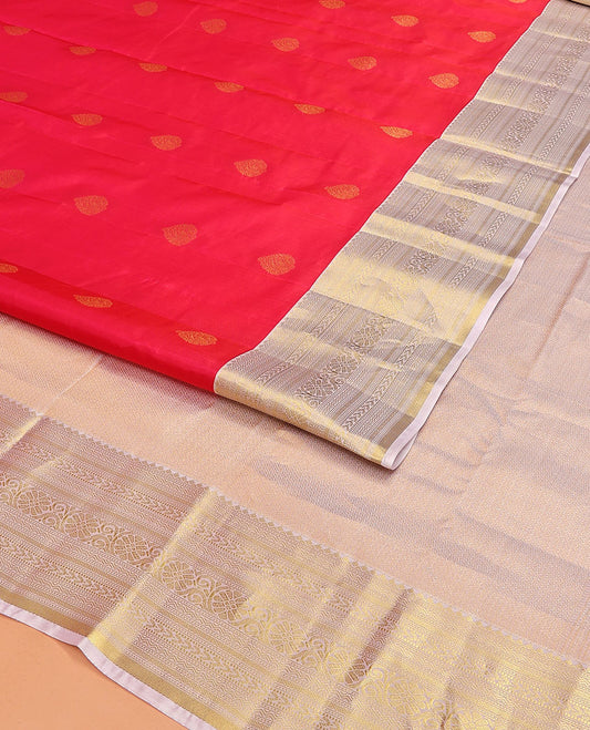 Red Vasundhara Lite Silk Mix Saree, Beautifully Bedecked with Zari Buttas on Its Body, Complemented by Contrast Border of Rekku, Neli, Muthu, Kathir, Mayil Kann, and Kodi Visiry Designs, Elegantly Highlighted Pallu, and Paired with a Contrast Blouse