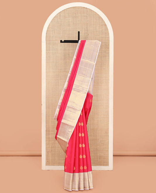 Red Vasundhara Lite Silk Mix Saree, Beautifully Bedecked with Zari Buttas on Its Body, Complemented by Contrast Border of Rekku, Neli, Muthu, Kathir, Mayil Kann, and Kodi Visiry Designs, Elegantly Highlighted Pallu, and Paired with a Contrast Blouse