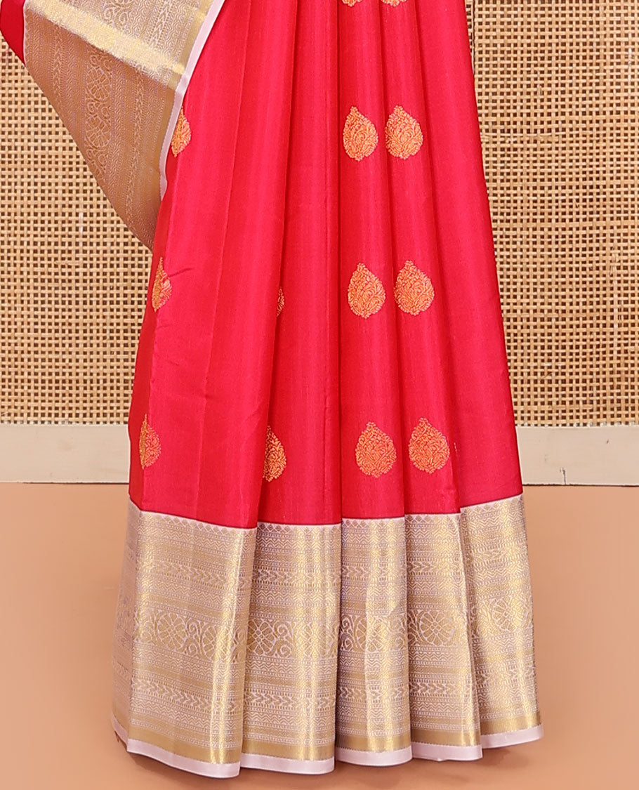 Red Vasundhara Lite Silk Mix Saree, Beautifully Bedecked with Zari Buttas on Its Body, Complemented by Contrast Border of Rekku, Neli, Muthu, Kathir, Mayil Kann, and Kodi Visiry Designs, Elegantly Highlighted Pallu, and Paired with a Contrast Blouse