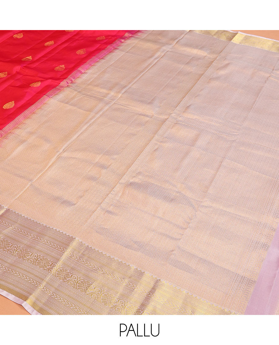 Red Vasundhara Lite Silk Mix Saree, Beautifully Bedecked with Zari Buttas on Its Body, Complemented by Contrast Border of Rekku, Neli, Muthu, Kathir, Mayil Kann, and Kodi Visiry Designs, Elegantly Highlighted Pallu, and Paired with a Contrast Blouse