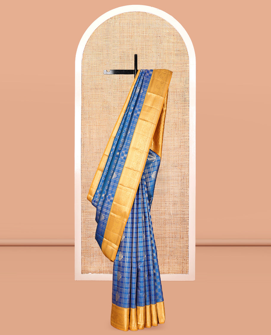 Blue Vasundhara Lite Silk Mix Saree, Woven with Butta Enclosed Checks, a Contrast Border of Kodi Visiry Designs, Grand Jaal Pallu, and a Contrast Blouse