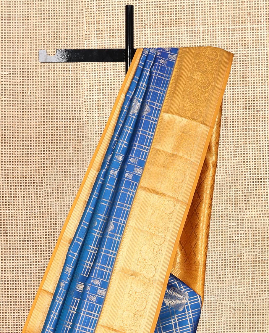 Blue Vasundhara Lite Silk Mix Saree, Woven with Butta Enclosed Checks, a Contrast Border of Kodi Visiry Designs, Grand Jaal Pallu, and a Contrast Blouse
