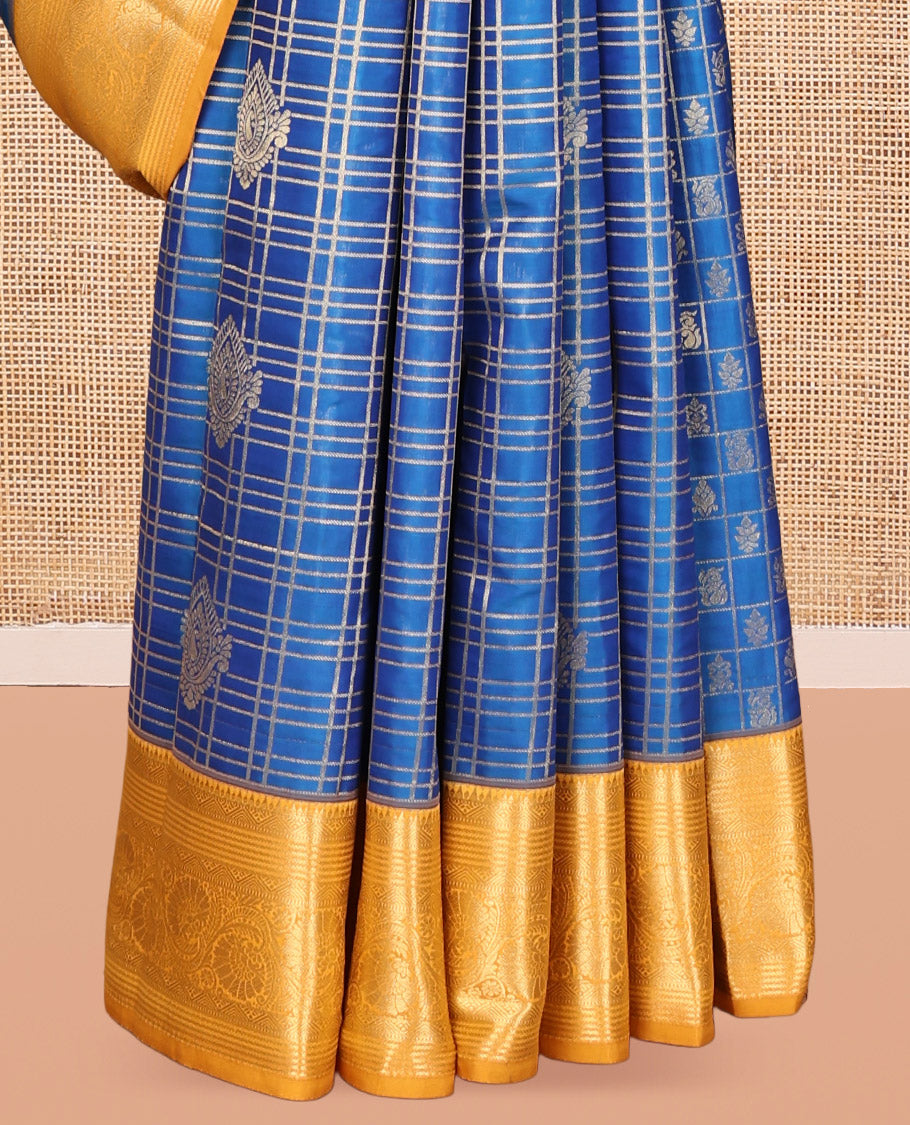 Blue Vasundhara Lite Silk Mix Saree, Woven with Butta Enclosed Checks, a Contrast Border of Kodi Visiry Designs, Grand Jaal Pallu, and a Contrast Blouse