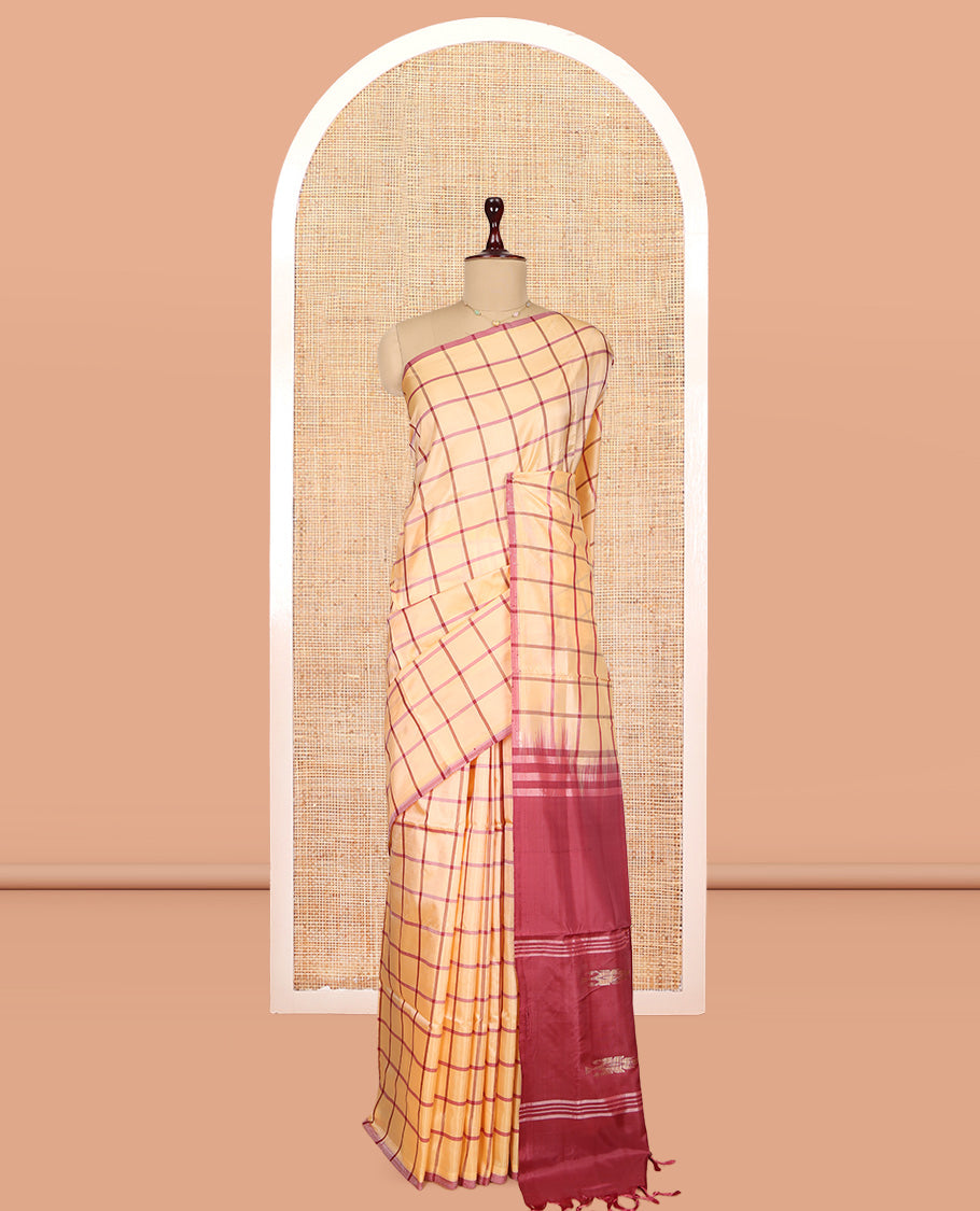 Borderless Sandal Checked Banana Pith Saree, Complemented by a Contrast Pallu of Stripes and Buttas, and a Contrast Blouse