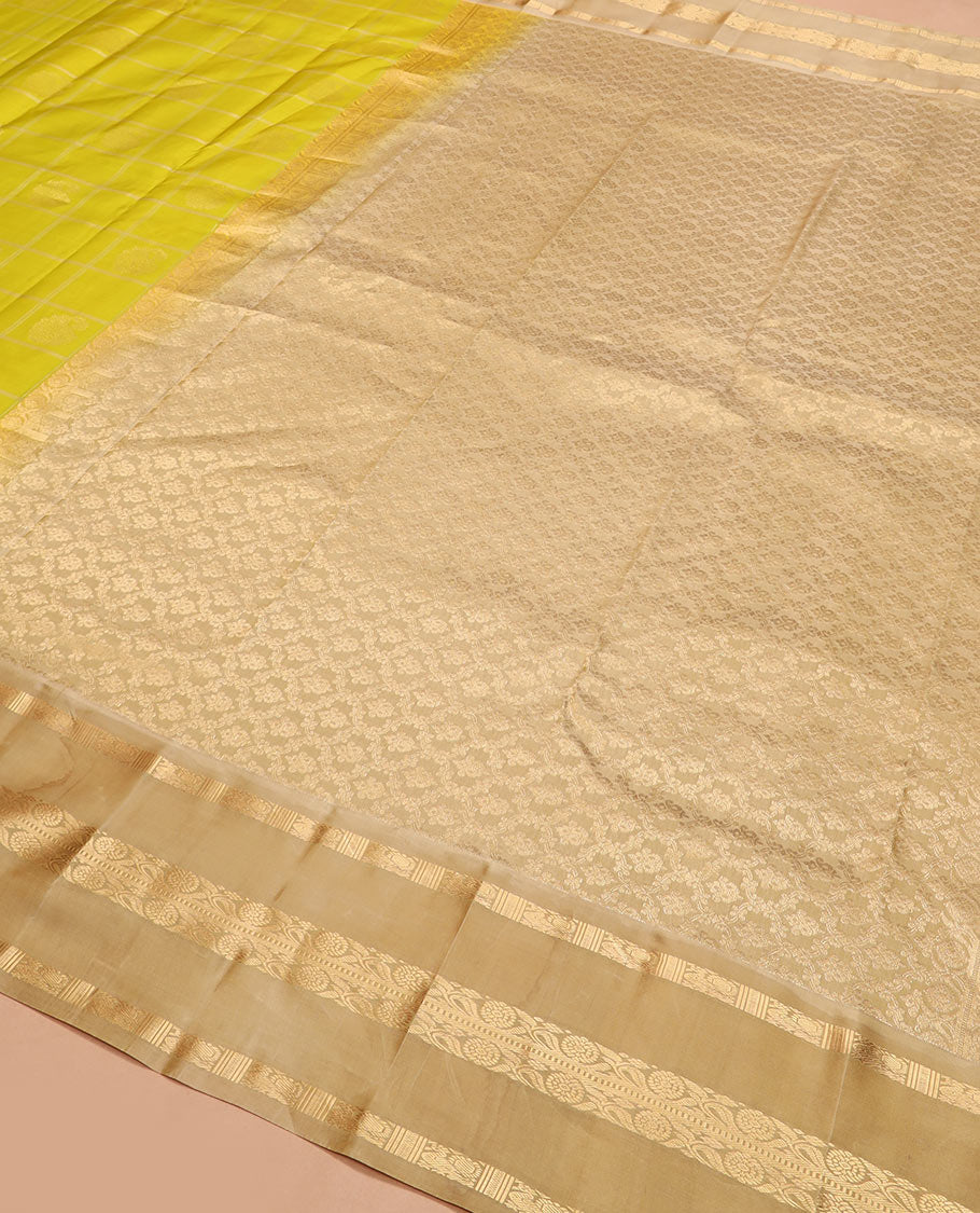 Green zari butta enclosed checked silk saree, contrast border of mayil chakram and muthu stripes, and jaal pallu