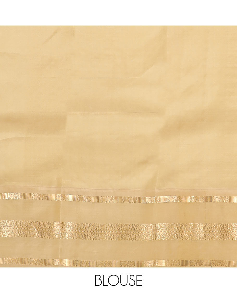 Green zari butta enclosed checked silk saree, contrast border of mayil chakram and muthu stripes, and jaal pallu