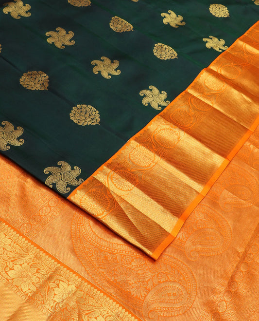 Green zari buttas silk saree, contrast zari border of dhavana kodi & pallu of arumbu manga designs
