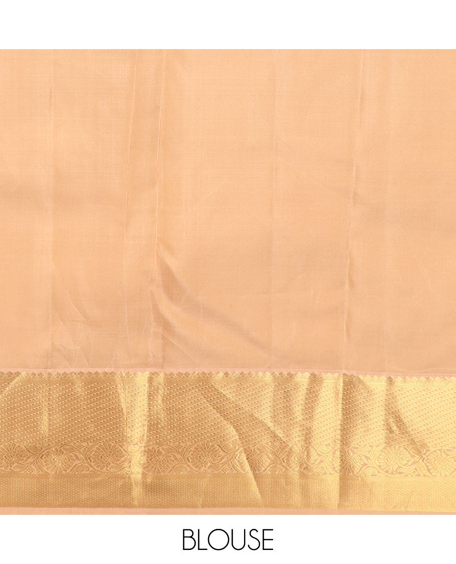 Maroon zari buttas silk saree, contrast border of salangai, ara bogudi, mayil kann & kodi visiry & seppu rekku pallu of floral motifs