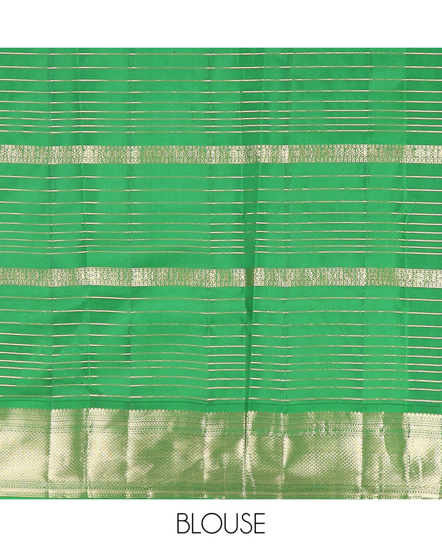 Yellow zari design silk saree, contrast border of reeku, lavangam, and kili designs, and  ogee patterned pallu