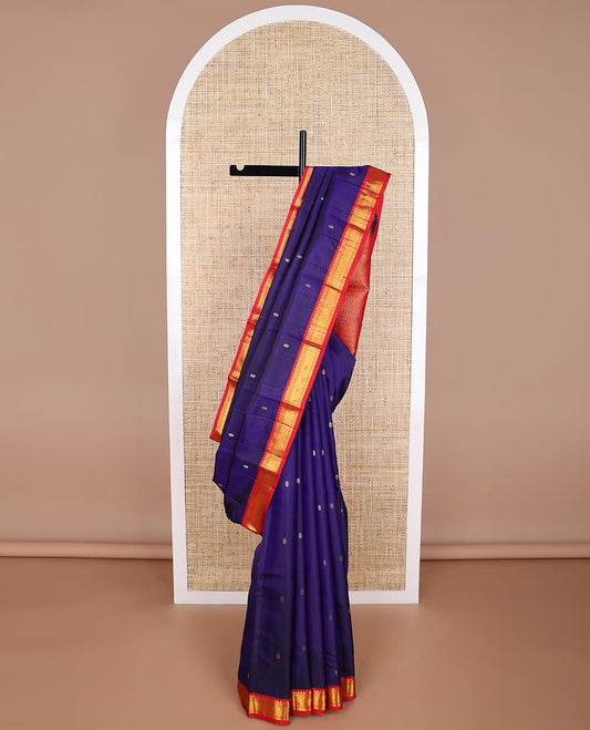 Blue floral buttas silk saree with contrast border of geometric design & argyle design pallu